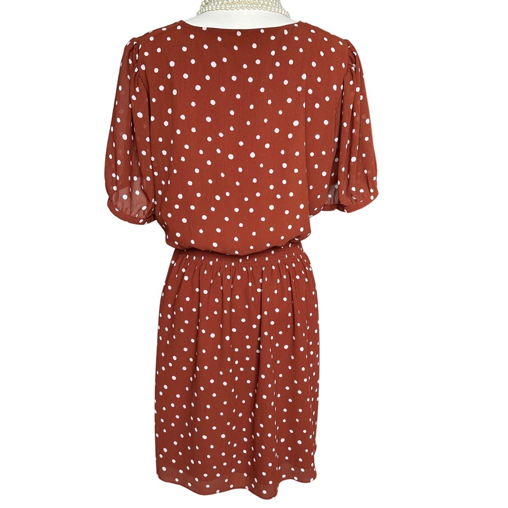 Madewell White Polka Dot Smocked Mini Dress Rust Brown XL Button Front V Neck - Picture 3 of 10